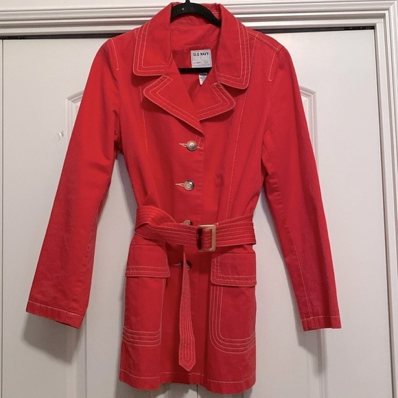 OLD NAVY Womens Coral Button Up Trench Coat Jacke Womens L lightweight Preppy - Picture 1 of 9